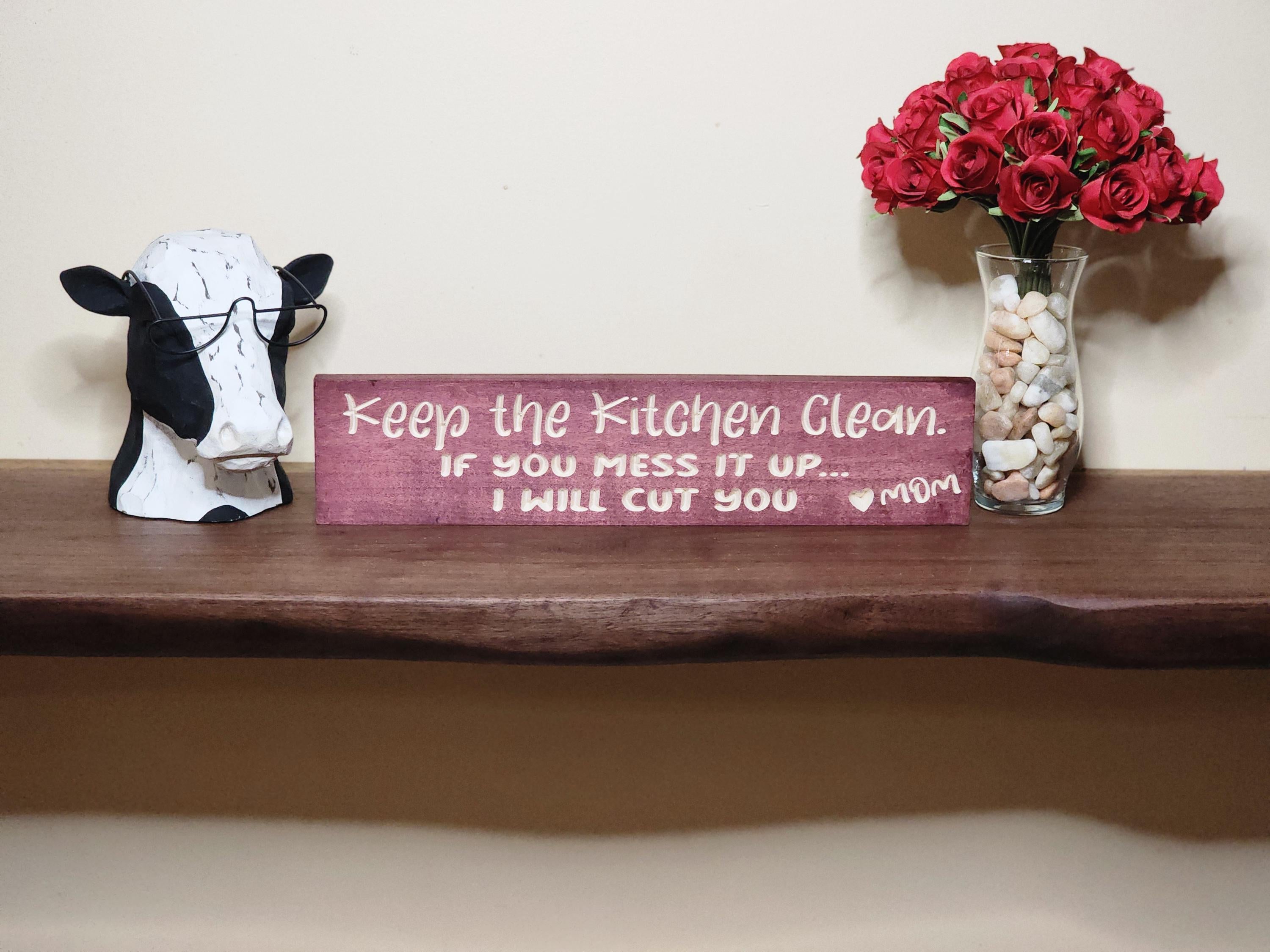 Wooden kitchen sign with humor, sarcastic kitchen wall art, mom’s house rules decor, funny cleaning reminder sign.
