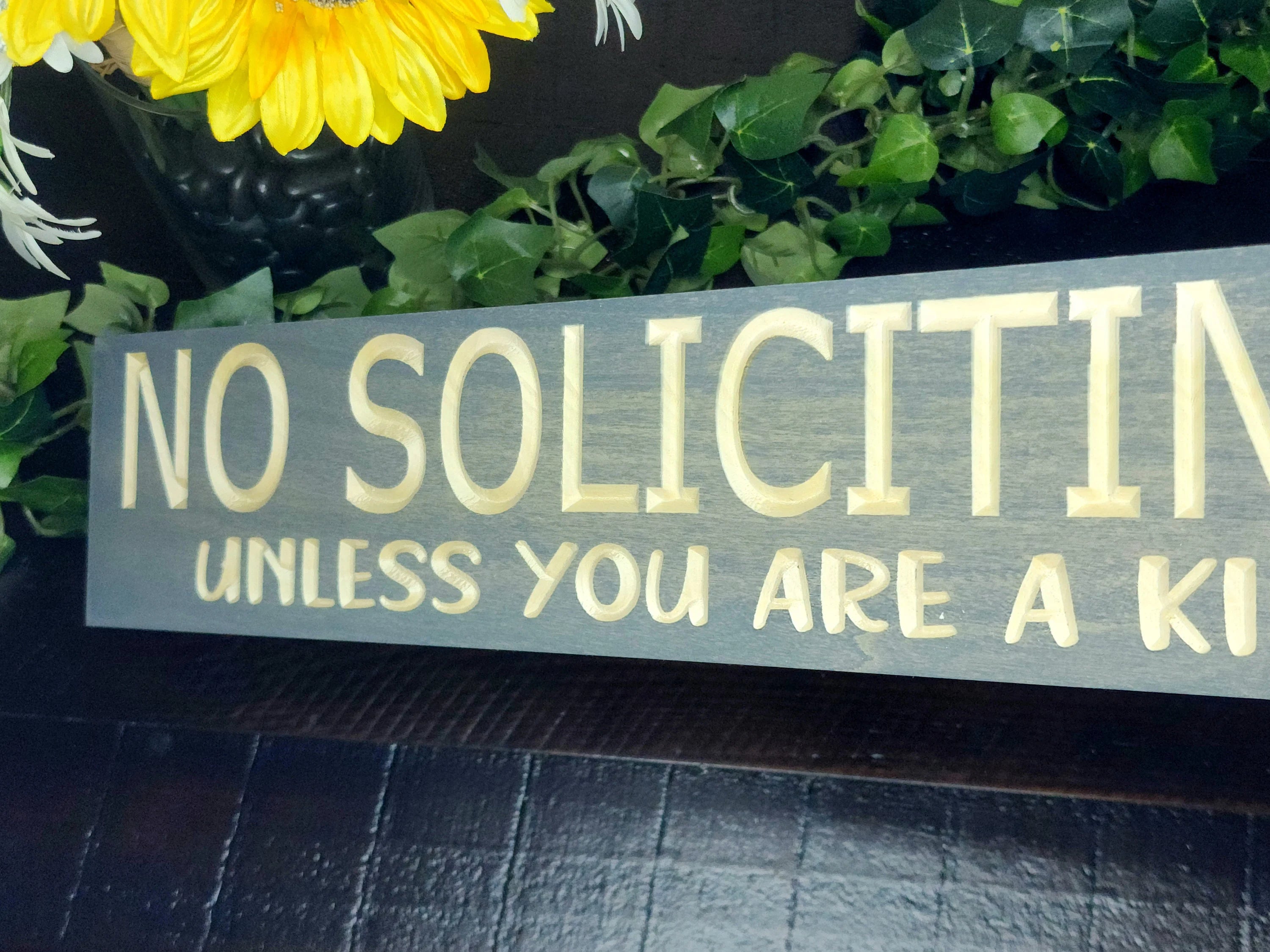 Wooden porch decor sign with a humorous no soliciting message for home privacy.
