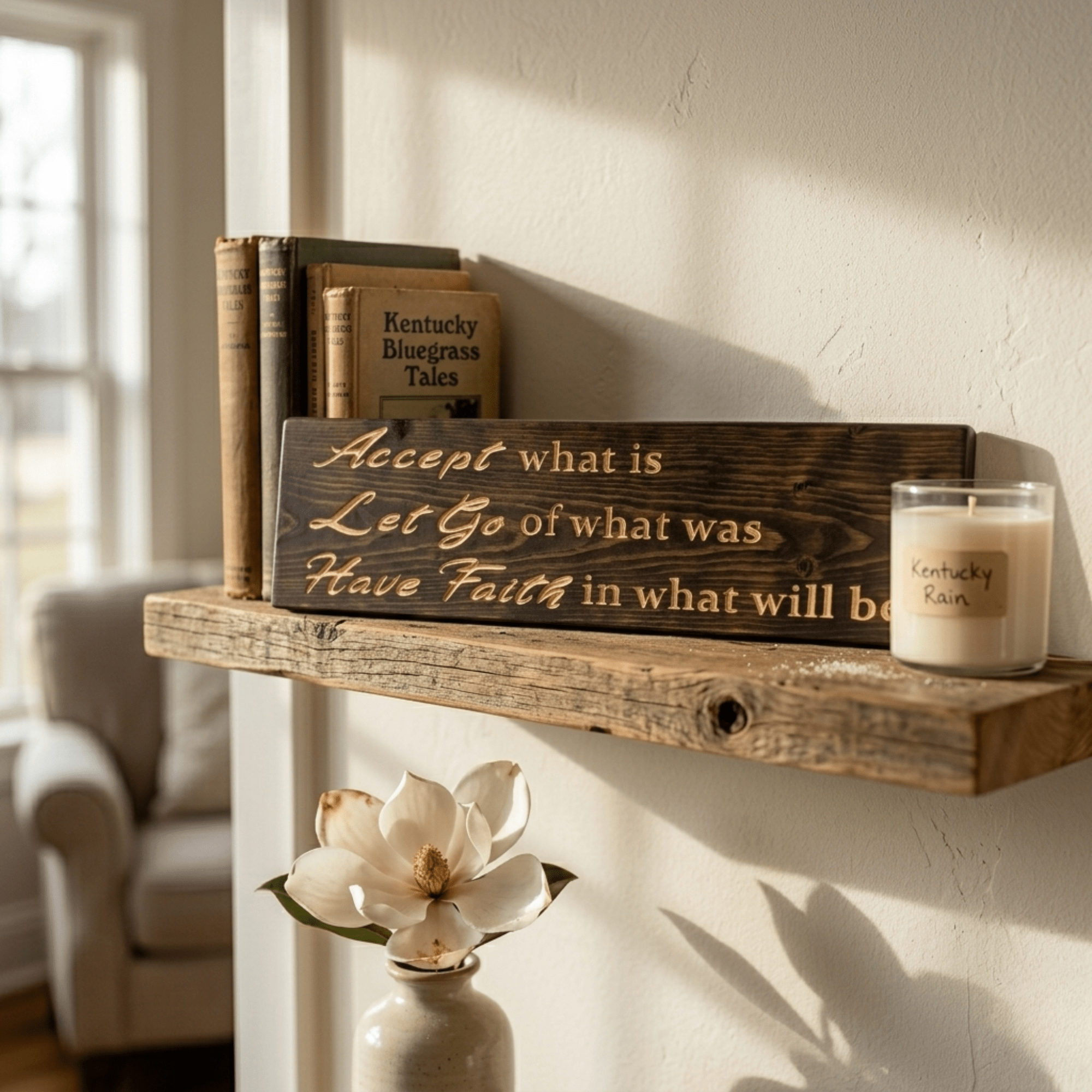 Carved Accept What Is Let Go of What Was wooden sign hanging above a quiet faith corner with open Bible and candle.