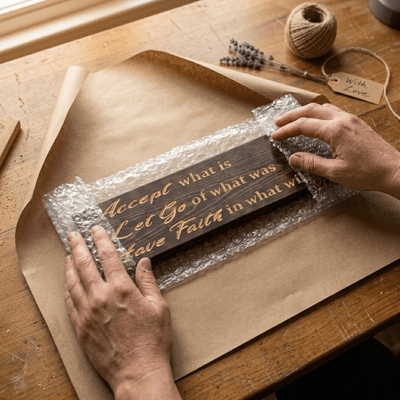 Hands wrapping the Accept What Is Let Go of What Was carved wooden sign as a handmade gift from the Kentucky workshop.