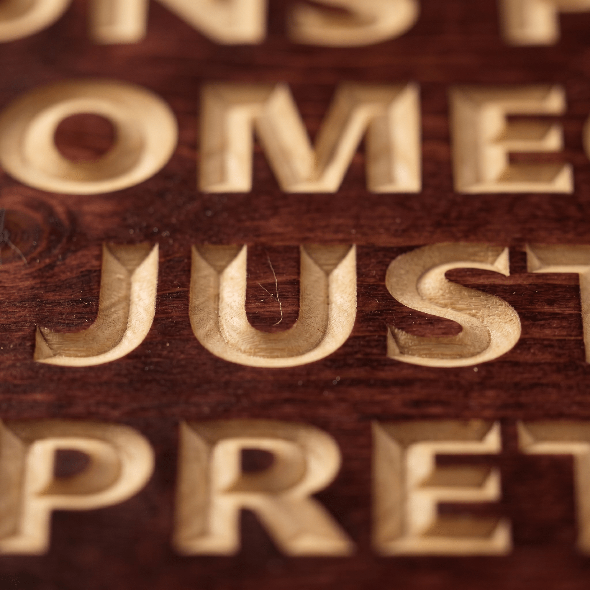 Macro close-up of the CNC carved letters spelling SOMEONE JUST PRETEND on the integrity wood sign revealing real pine grain, hand-finished depth, and authentic Kentucky craftsmanship.