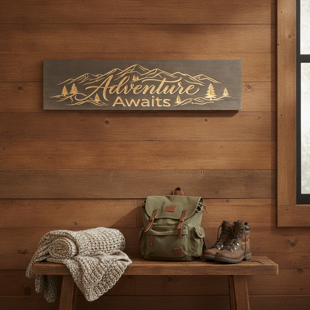 Travel Wall Decor — Adventure Awaits Carved Wood Sign — styled in room — Bluegrass Gifts
