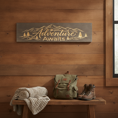 Travel Wall Decor — Adventure Awaits Carved Wood Sign — styled in room — Bluegrass Gifts