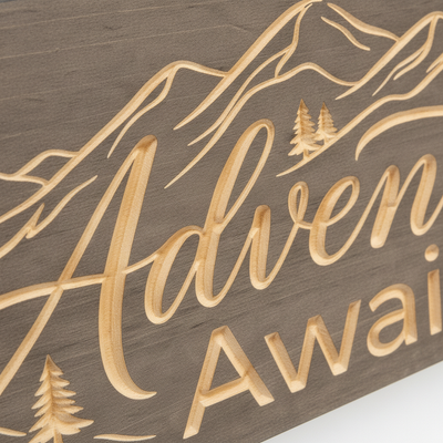 Travel Wall Decor — Adventure Awaits Carved Wood Sign — carved lettering detail — Bluegrass Gifts