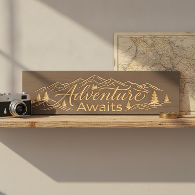 Travel Wall Decor — Adventure Awaits Carved Wood Sign — styled in room — Bluegrass Gifts