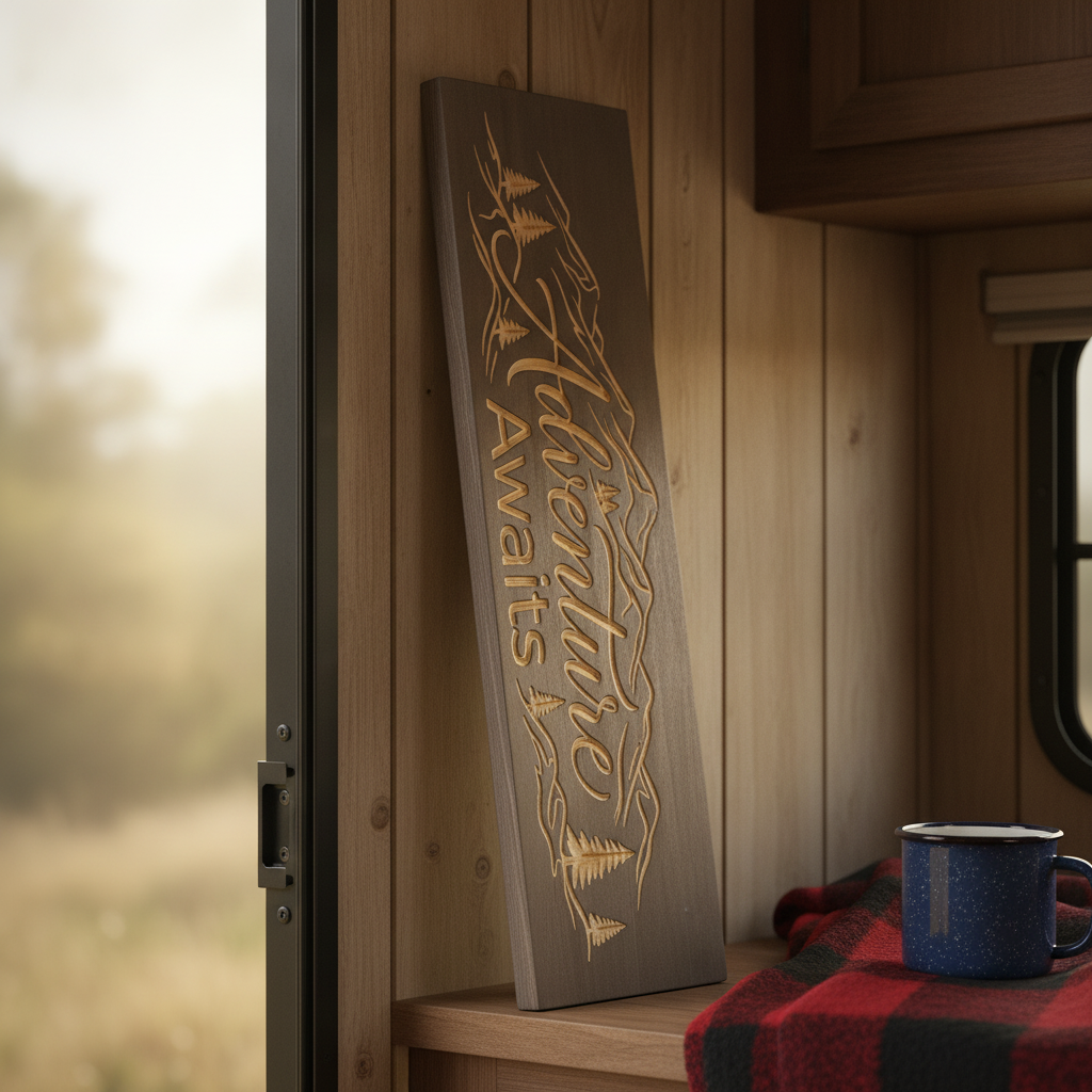 Travel Wall Decor — Adventure Awaits Carved Wood Sign — styled in room — Bluegrass Gifts