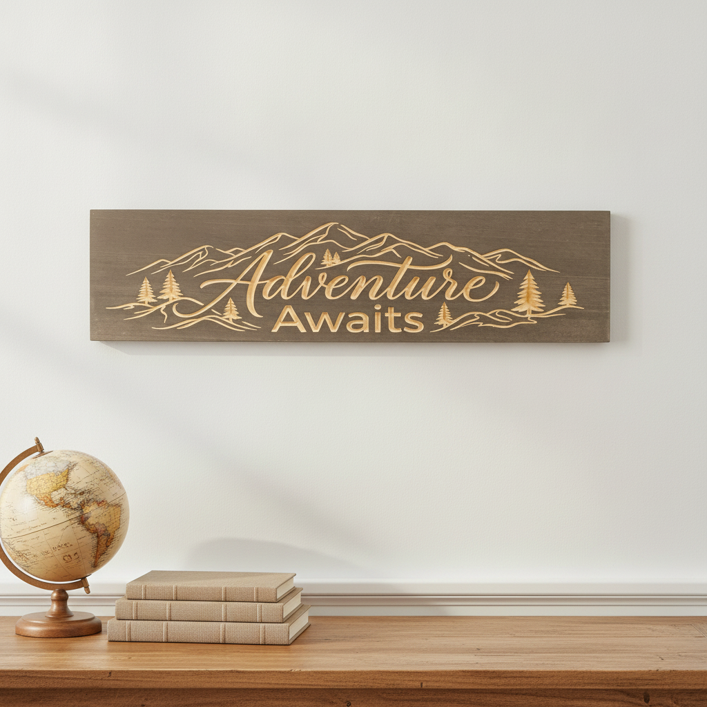 Travel Wall Decor — Adventure Awaits Carved Wood Sign — styled on wall — Bluegrass Gifts