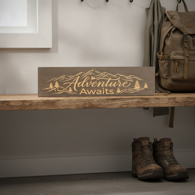 Travel Wall Decor — Adventure Awaits Carved Wood Sign — product details — Bluegrass Gifts