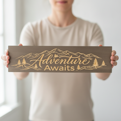 Travel Wall Decor — Adventure Awaits Carved Wood Sign — shown to scale, held — Bluegrass Gifts