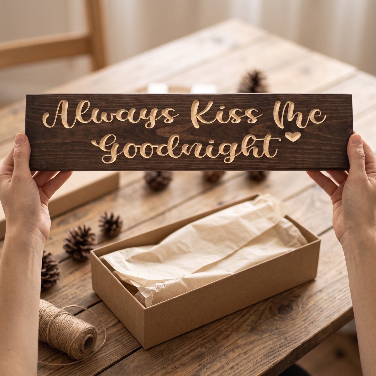 Hands holding the Always Kiss Me Goodnight sign over a kraft gift box with tissue paper