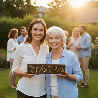 Adult daughter presenting a carved wood sign to her smiling mother outdoors, showcasing the "Always my Mother" quote as a sentimental gift.