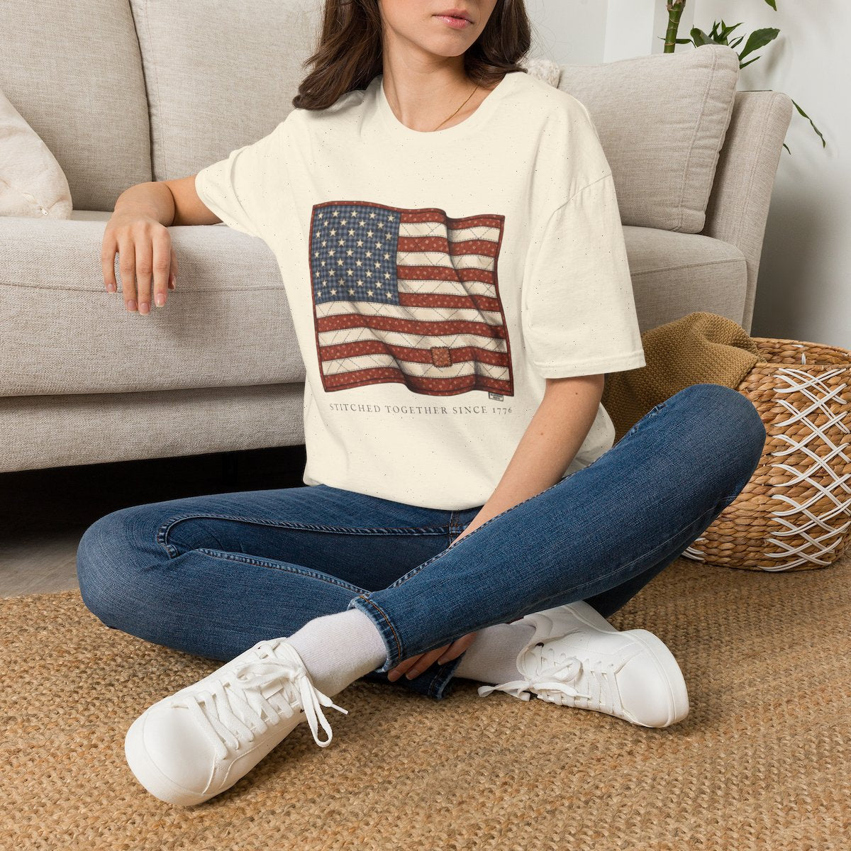 American Flag Shirt for Women — Quilted Heirloom Flag Tee in Natural