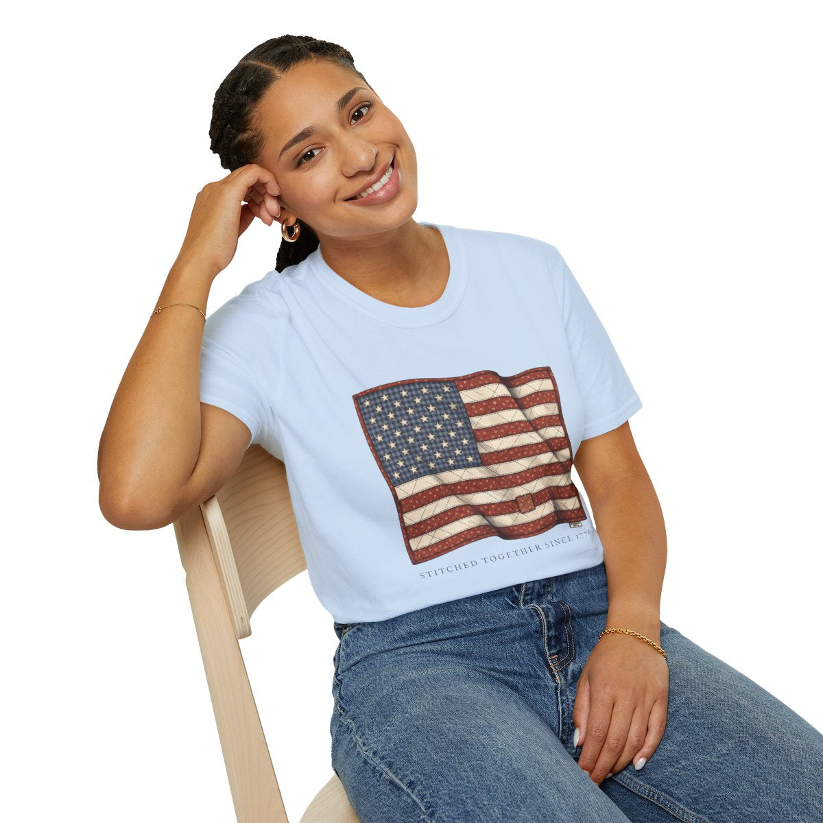 American Flag Shirt for Women — Quilted Heirloom Flag Tee in Light Blue