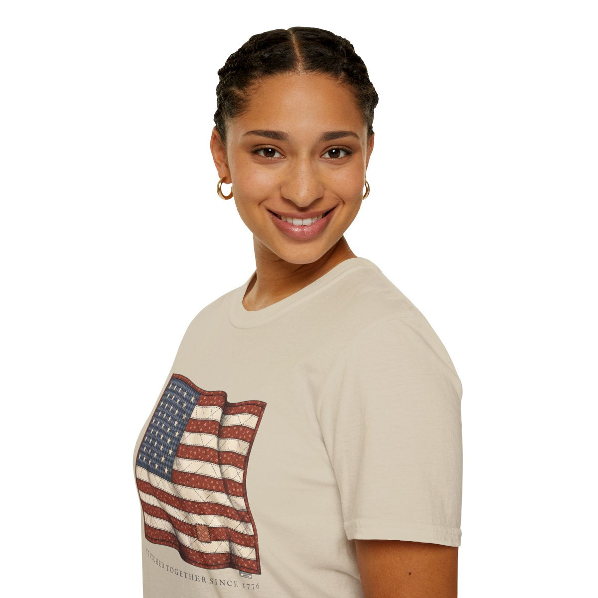 American Flag Shirt for Women — Quilted Heirloom Flag Tee in Sand
