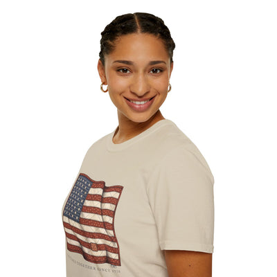 American Flag Shirt for Women — Quilted Heirloom Flag Tee in Sand