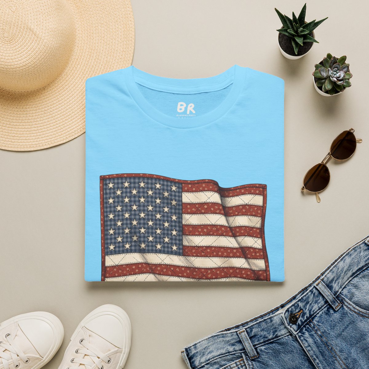 American Flag Shirt for Women — Quilted Heirloom Flag Tee in Sky