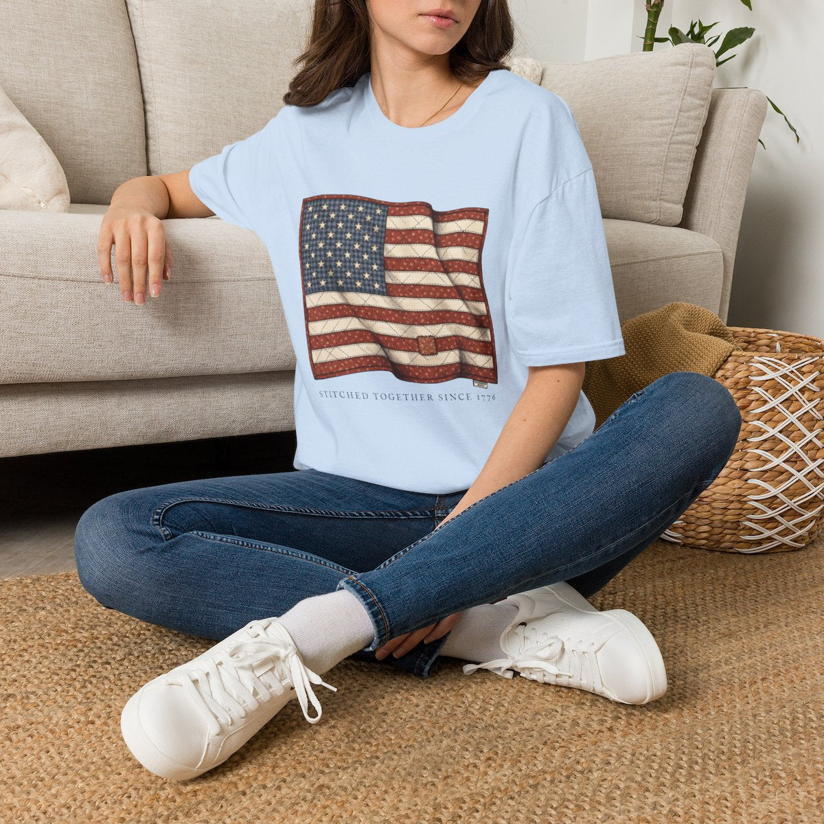 American Flag Shirt for Women — Quilted Heirloom Flag Tee in Light Blue