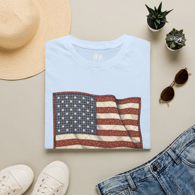 American Flag Shirt for Women — Quilted Heirloom Flag Tee in Light Blue