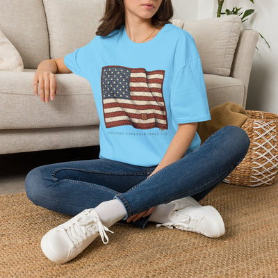 American Flag Shirt for Women — Quilted Heirloom Flag Tee in Sky