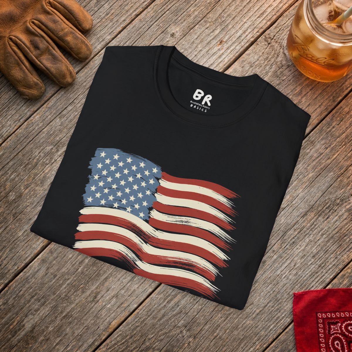 American Flag Shirt — "Still Flying" Painted Flag Graphic Tee in Black