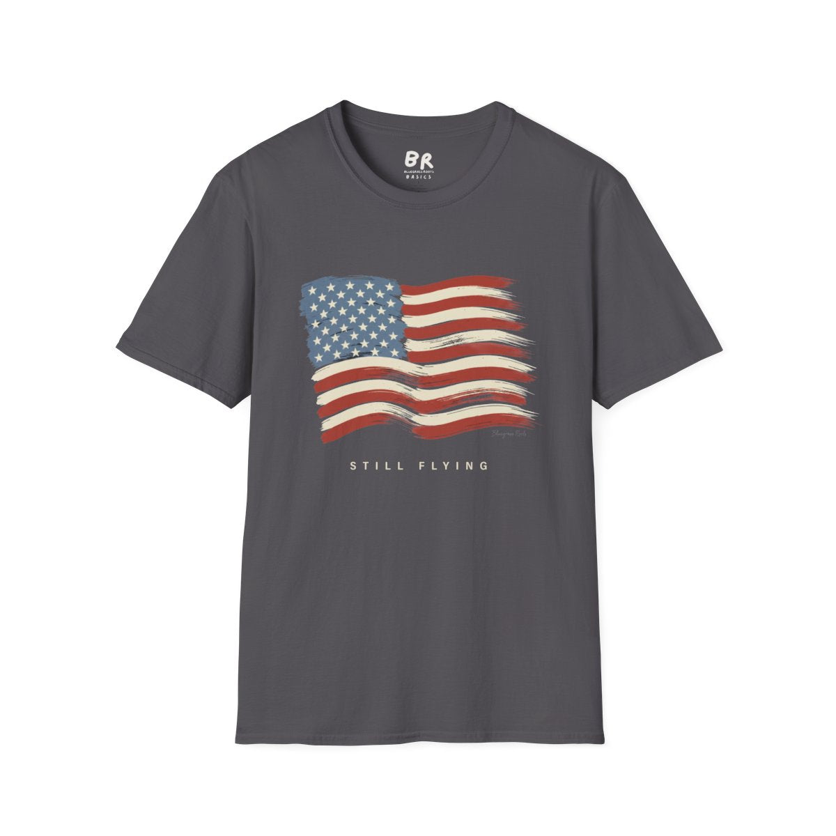 American Flag Shirt — "Still Flying" Painted Flag Graphic Tee in Charcoal