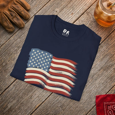 American Flag Shirt — "Still Flying" Painted Flag Graphic Tee in Navy