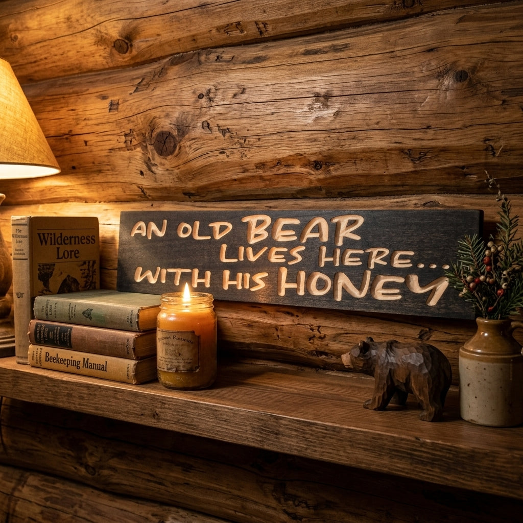 An Old Bear Lives Here with His Honey — Carved Wood Sign
