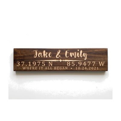 Personalized Jake & Emily sign carved into solid wood in a Dark Walnut finish, straight on, on a white background (studio photo)