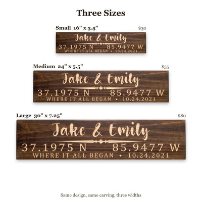 Jake & Emily sign size guide: Small 16 x 3.5 inches, Medium 24 x 5.5 inches, Large 30 x 7.25 inches