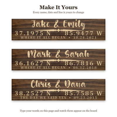Jake & Emily sign shown with three different sets of words on the same walnut board, to show every name, date and line can be changed