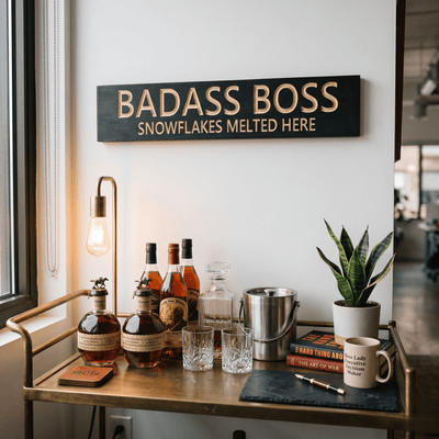 Badass Boss sign mounted above an executive bourbon bar cart in a corner office.