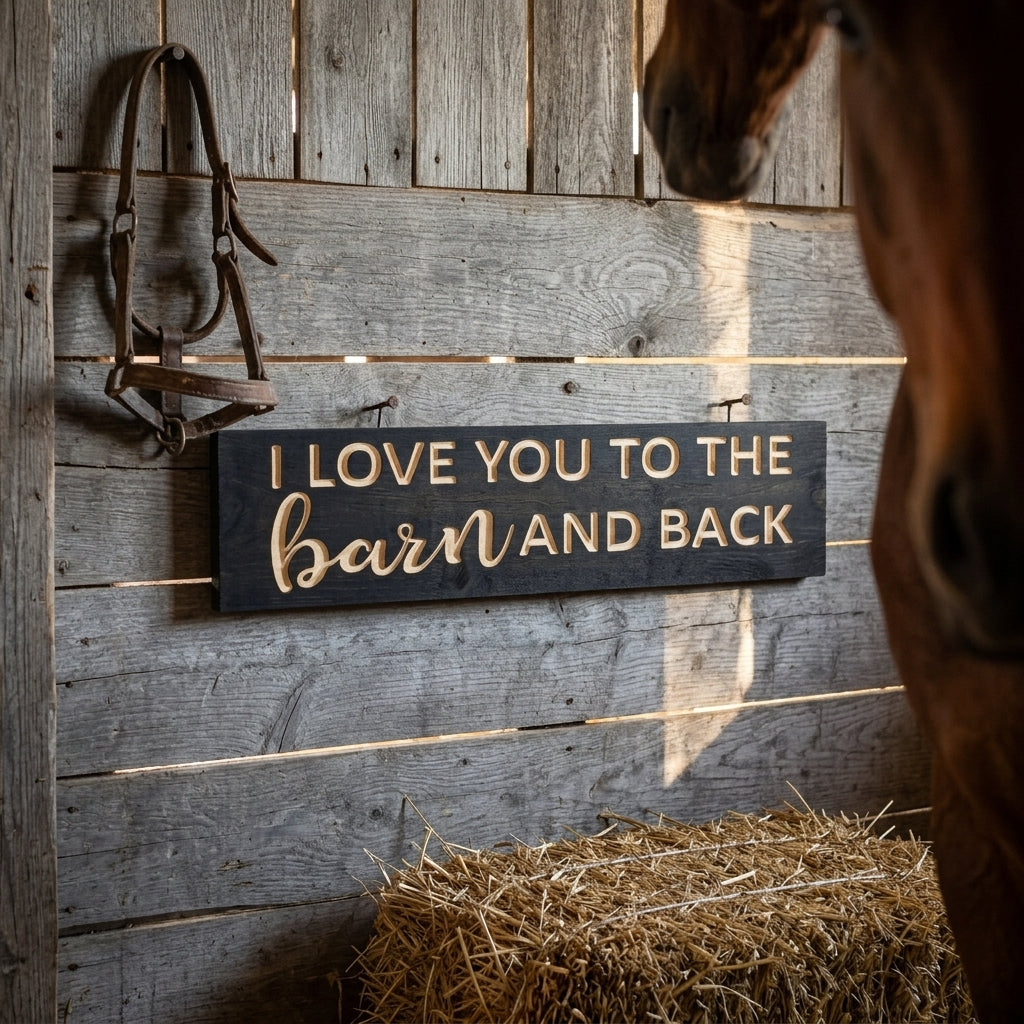 A black Barn Sign with "I LOVE YOU TO THE barn AND BACK" carved in light wood, hanging on a rustic barn wall with a horse, from Bluegrass Gifts