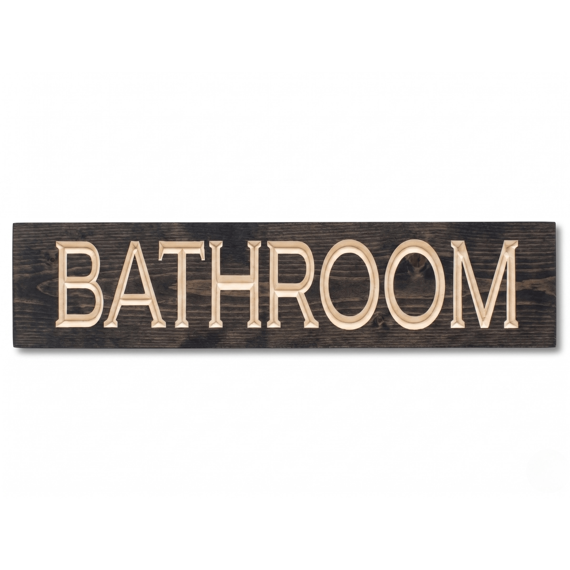 CNC carved Bathroom wood sign on solid pine in dark ebony stain with natural carved letters — farmhouse bathroom wall decor handmade in Kentucky.