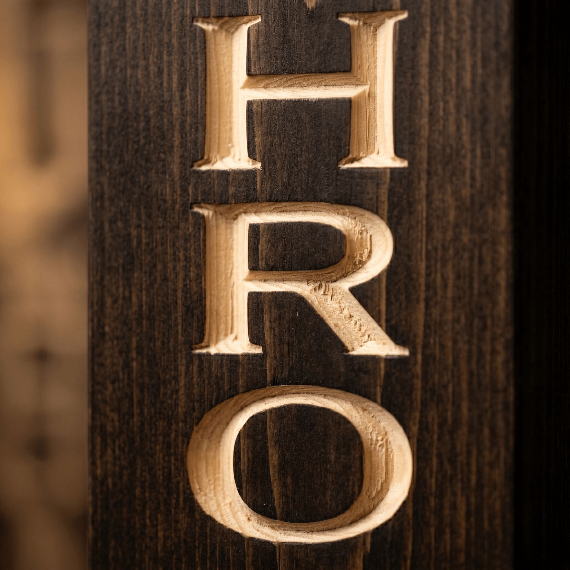 Macro close-up of CNC carved letters on the bathroom wood sign revealing real pine grain, hand-finished depth, and authentic wood craftsmanship from Kentucky.