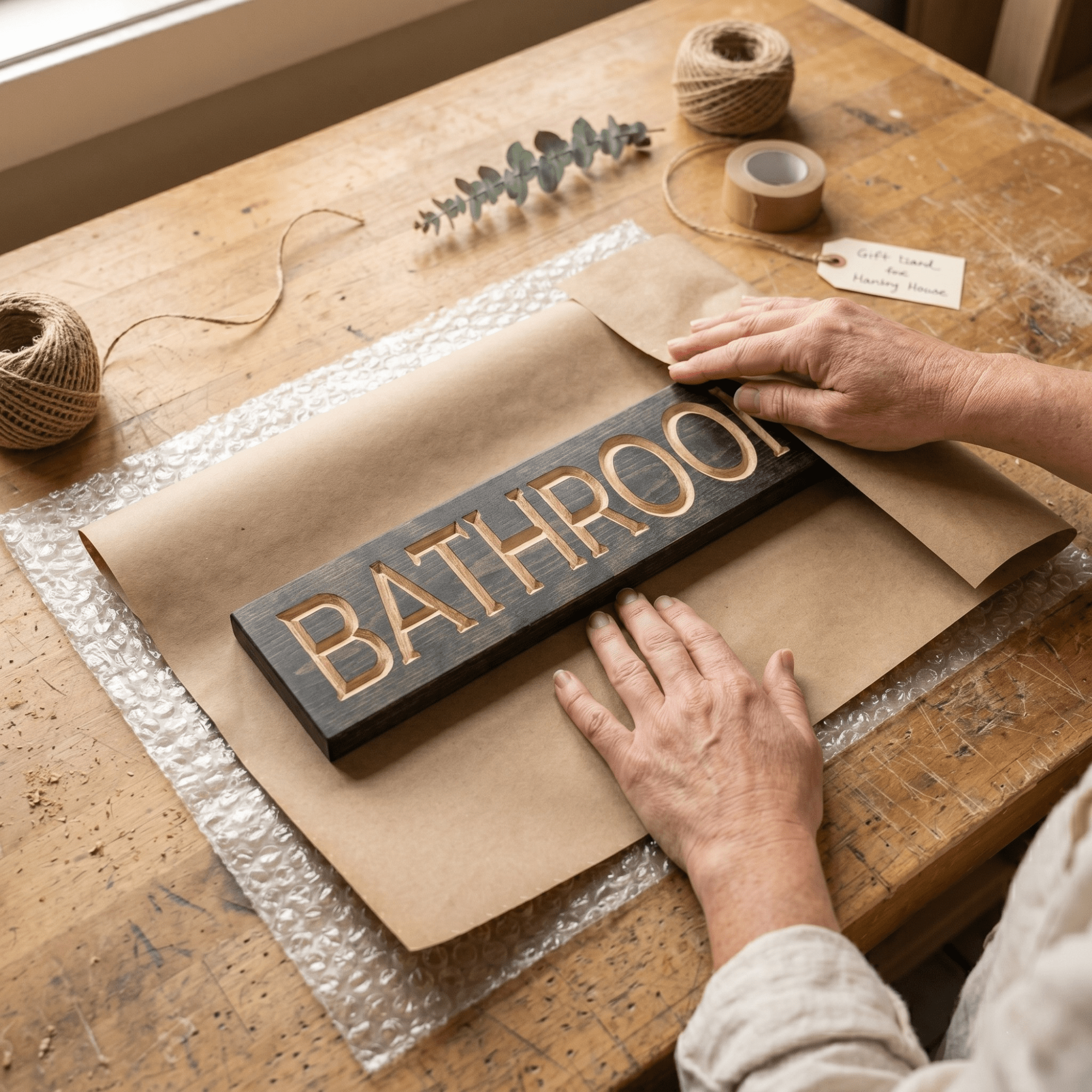 Bathroom wood sign being wrapped in kraft paper with twine, eucalyptus, and a handwritten gift tag on a workshop bench — handmade housewarming gift packaging from Bluegrass Gifts.