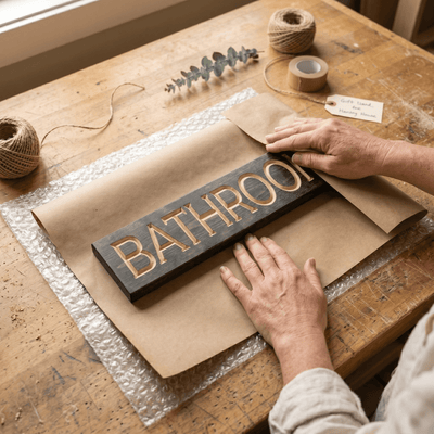 Bathroom wood sign being wrapped in kraft paper with twine, eucalyptus, and a handwritten gift tag on a workshop bench — handmade housewarming gift packaging from Bluegrass Gifts.