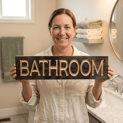 Smiling woman holding a CNC carved Bathroom wood sign in a bright modern bathroom with folded towels and brushed gold mirror — handmade housewarming gift from Bluegrass Gifts in Kentucky.