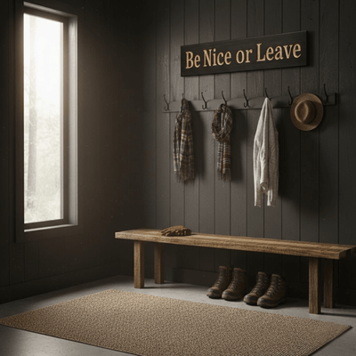 be-nice-or-leave-sign-dark-walnut-angled-view - be nice or leave wood sign by Bluegrass Gifts, handmade in Kentucky