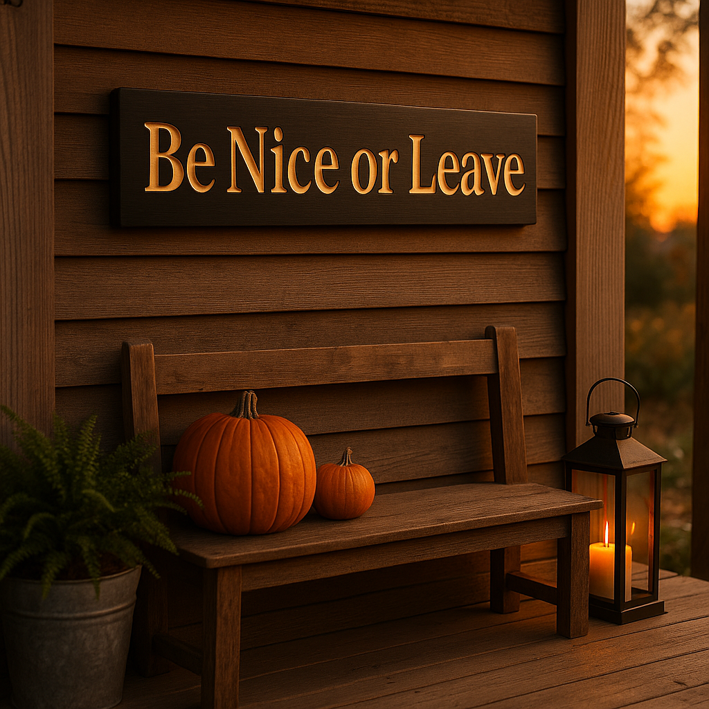 “Be Nice or Leave” sign displayed on farmhouse porch with pumpkins and lantern – fall rustic entryway décor