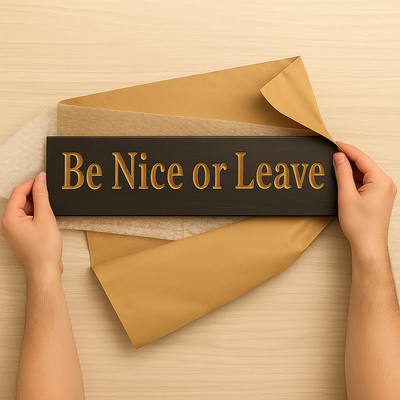 Hands unwrapping “Be Nice or Leave” wood sign in gift packaging – handcrafted Kentucky wall décor gift idea