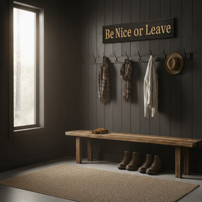 “Be Nice or Leave” sign displayed in rustic mudroom entryway with bench and boots – farmhouse décor inspiration