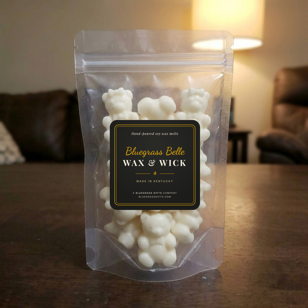 Clear stand-up pouch of boy and girl teddy bear wax melts with the Bluegrass Belle label