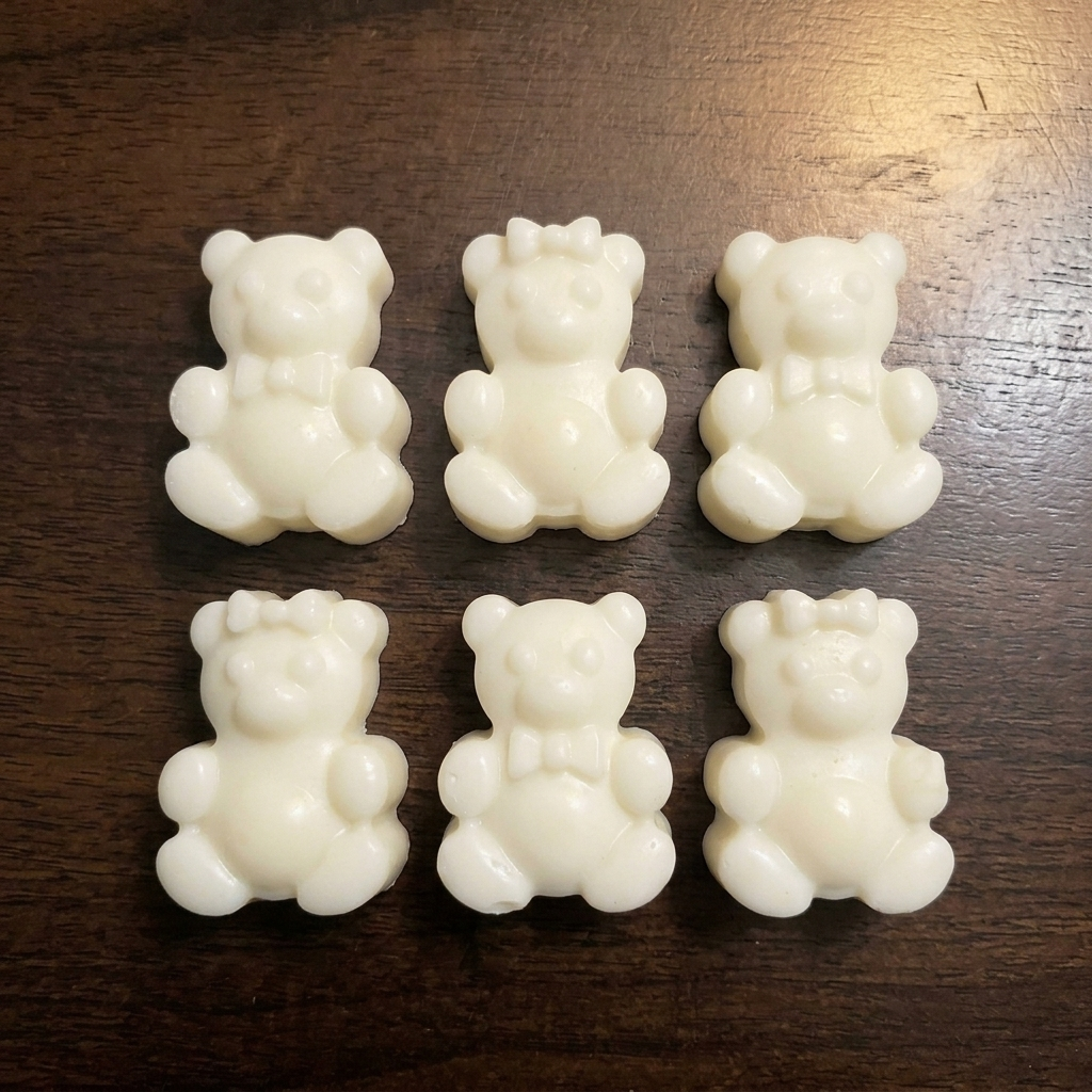 A small group of cream boy and girl teddy bear wax melts on a dark wood table