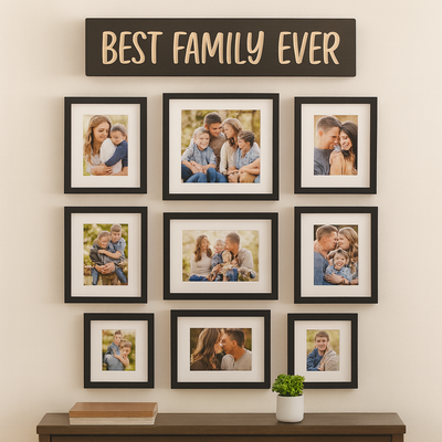 Best Family Ever wooden sign displayed above family photo gallery wall décor