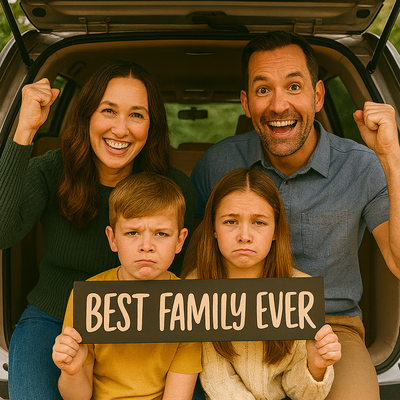 Best Family Ever wooden sign held by family – playful family wall art photo