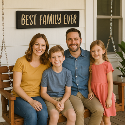 Best Family Ever wooden sign displayed on porch with happy family