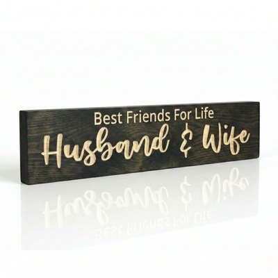 Handcrafted "Best Friends For Life Husband & Wife" solid wood wall art for home decor, featuring a deep 3D carved relief by Bluegrass Gifts.