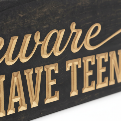Beware Halloween Sign — Beware, We Have Teenagers — carved lettering detail — Bluegrass Gifts