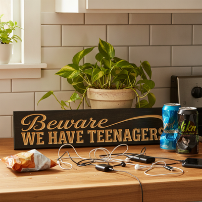 Beware Halloween Sign — Beware, We Have Teenagers — styled in room — Bluegrass Gifts
