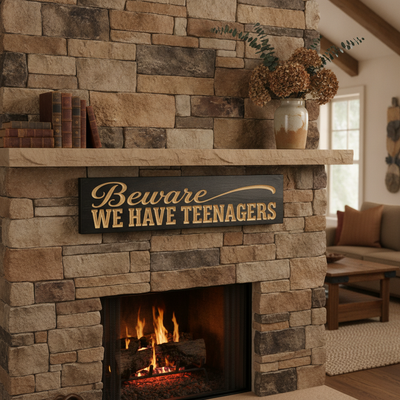 Beware Halloween Sign — Beware, We Have Teenagers — styled in room — Bluegrass Gifts